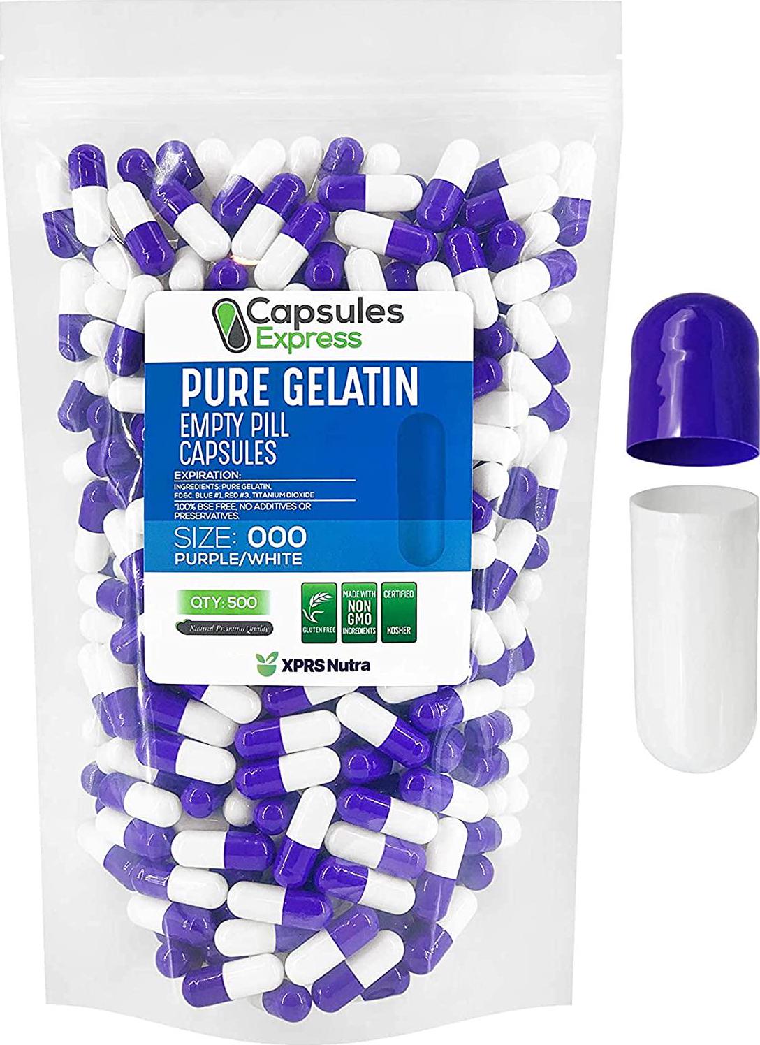 Capsules Express- Size 000 Purple and White Empty Gelatin Capsules- Kosher - Pure Gelatin Pill Capsule - DIY Powder Filling (500)