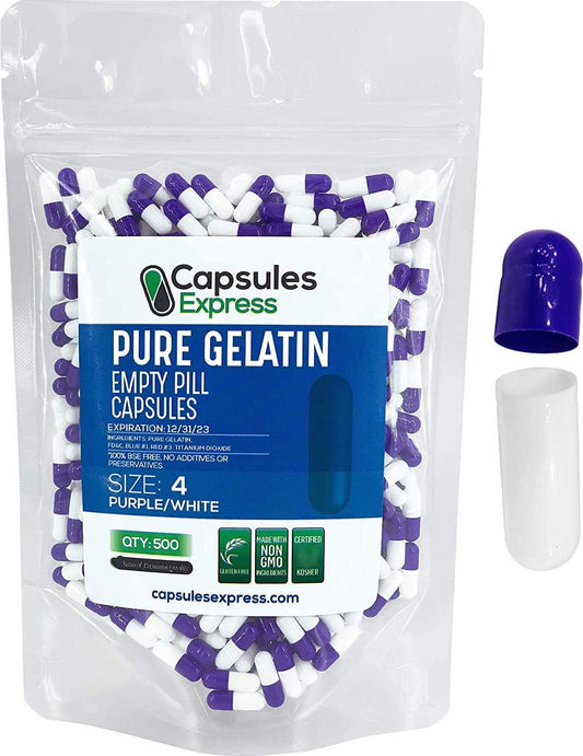 Capsules Express- Size 4 Purple and White Empty Gelatin Capsules - Kosher Certified - Gluten-Free Pure Bovine Gelatin Pill Capsule - DIY Powder Filling (500)