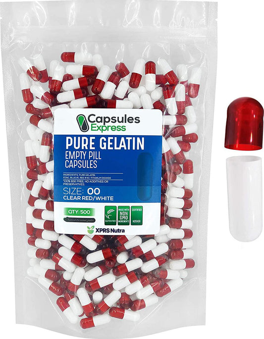 Capsules Express- Size 00 Clear Red and White Empty Gelatin Capsules - Kosher Certified - Gluten-Free Pure Bovine Gelatin Pill Capsule - DIY Powder Filling (500)