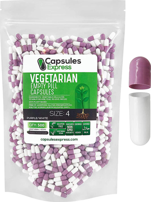 Capsules Express- Size 4 Purple and White Empty Vegan Capsules- Kosher and Halal - Vegetarian/Vegetable Pill Capsule - DIY Powder Filling (500)