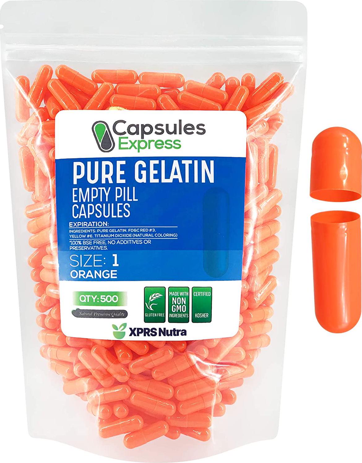 Capsules Express- Size 1 Orange Empty Gelatin Capsules - Kosher - Pure Gelatin Pill Capsule - DIY Powder Filling (500)