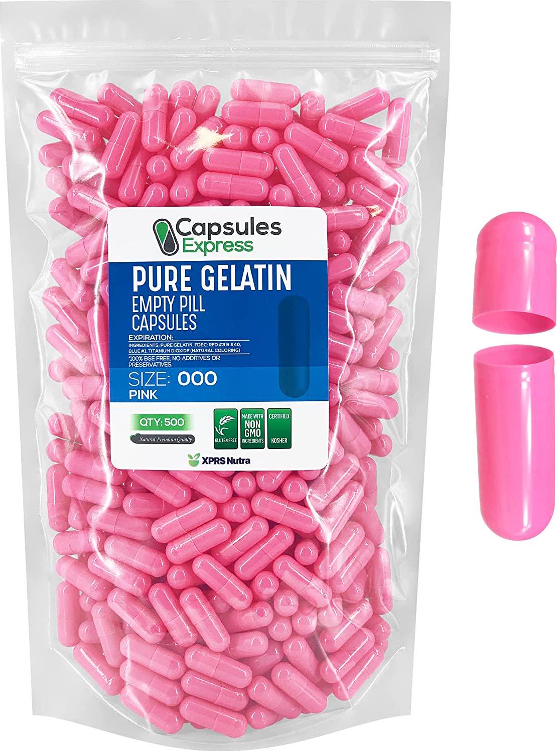 Capsules Express- Size 000 Pink Empty Gelatin Capsules - Kosher - Pure Gelatin Pill Capsule - DIY Powder Filling (500)