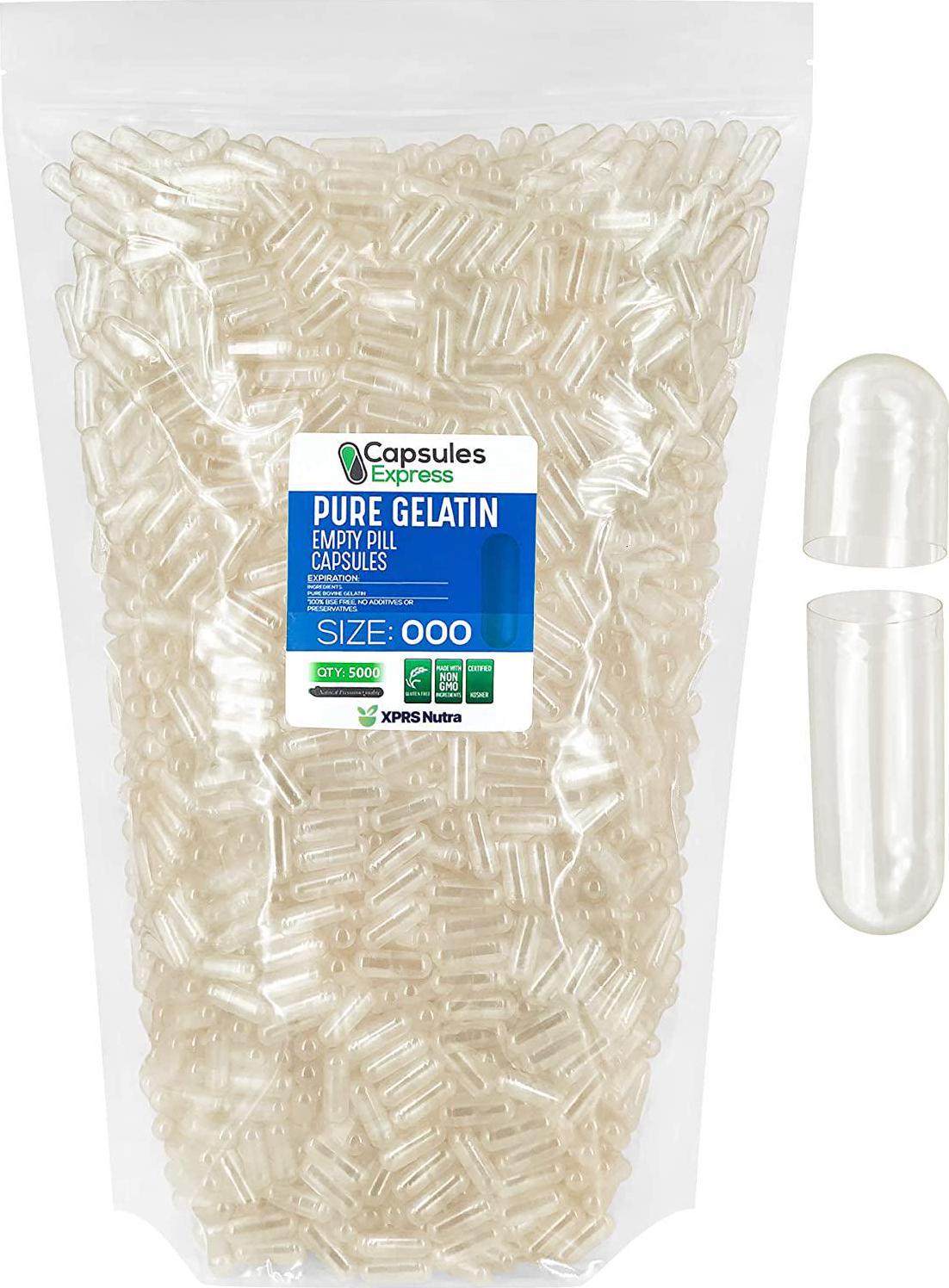 Capsules Express- Size 000 Clear Empty Gelatin Capsules- Kosher and Halal Certified - Gluten-Free Pure Bovine Gelatin Pill Capsule - DIY Powder Filling (5000)