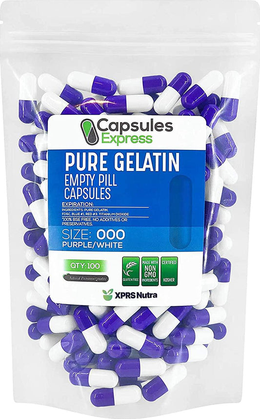 Capsules Express- Size 000 Purple and White Empty Gelatin Capsules- Kosher - Pure Gelatin Pill Capsule - DIY Powder Filling (100)