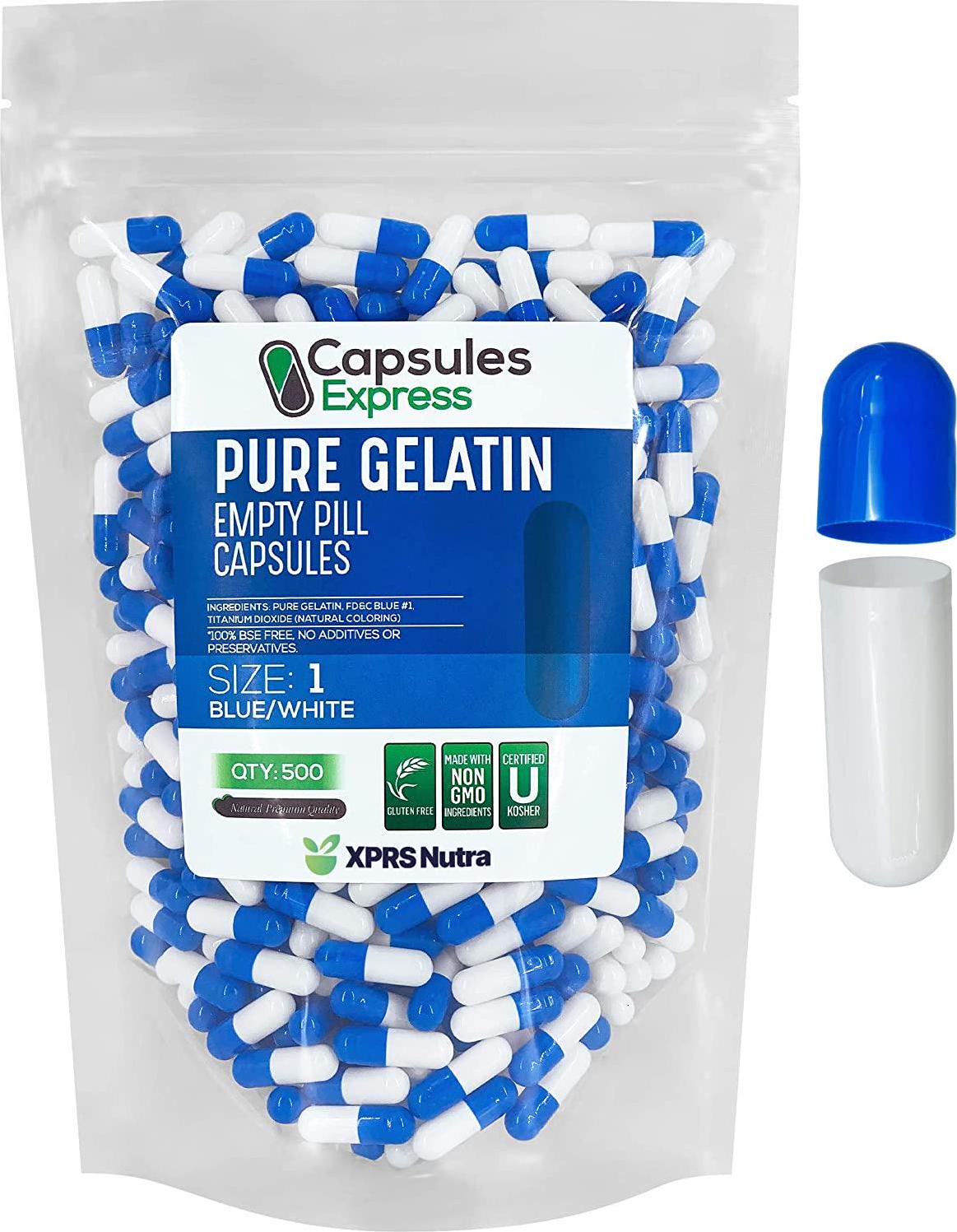 Capsules Express- Size 1 Blue and White Empty Gelatin Capsules - Kosher - Pure Gelatin Pill Capsule - DIY Powder Filling (500)