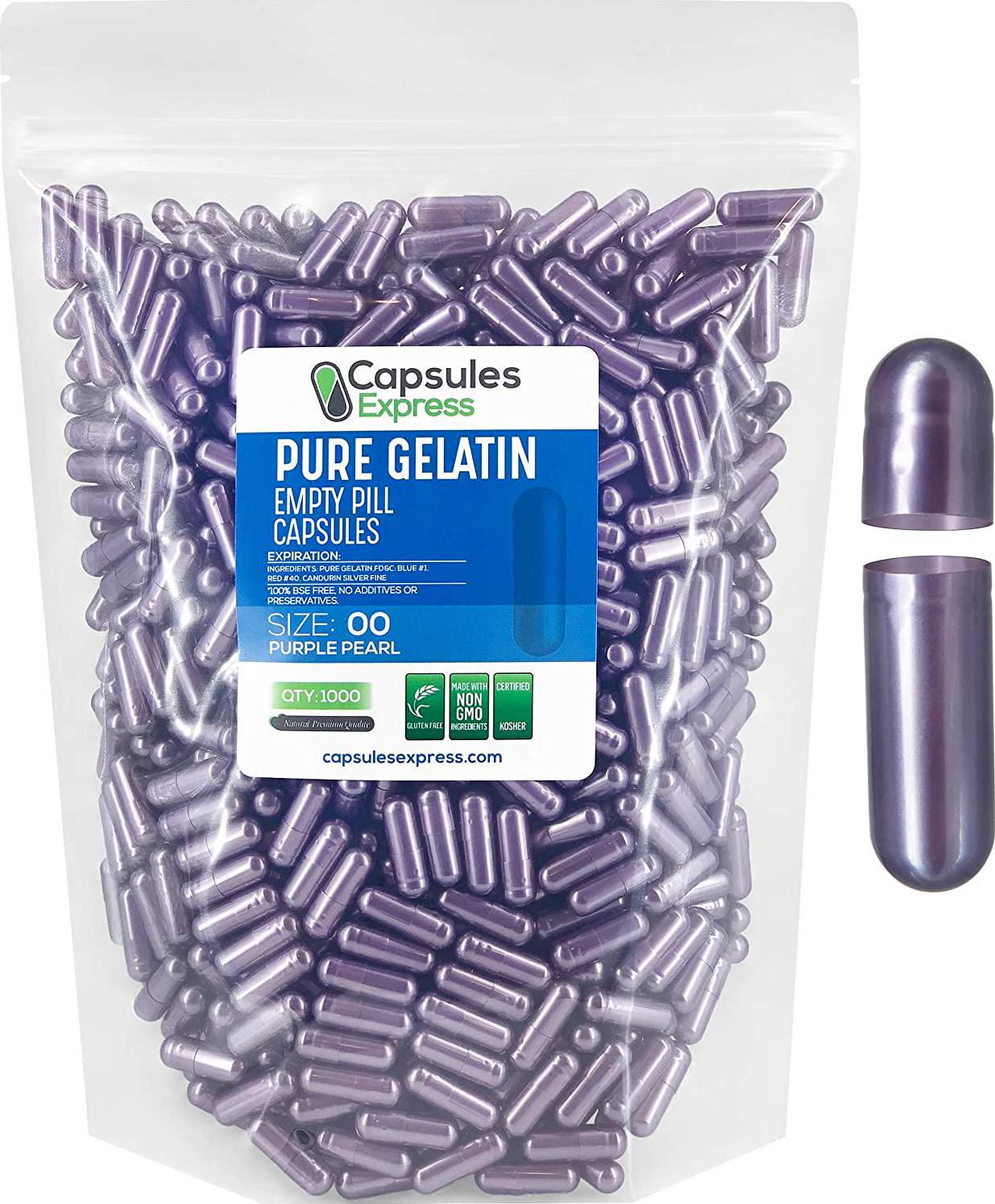 Capsules Express- Size 00 Purple Pearl Empty Gelatin Capsules - Kosher Certified - Gluten-Free Pure Gelatin Pill Capsule - DIY Powder Filling (1000)