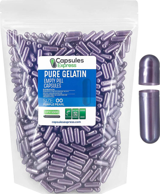 Capsules Express- Size 00 Purple Pearl Empty Gelatin Capsules - Kosher Certified - Gluten-Free Pure Gelatin Pill Capsule - DIY Powder Filling (1000)