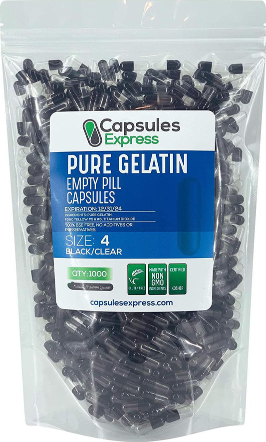 Capsules Express- Size 4 Black and Clear Empty Gelatin Capsules - Kosher - Pure Gelatin Pill Capsule - DIY Powder Filling (1000)