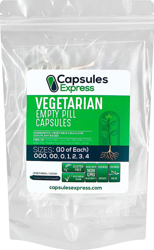 Capsules Express- Size Sample Pack Clear Empty Vegetable Capsules Ten Each of Sizes 000-4 Gluten-Free Vegetarian/Vegetable Pill Capsule - DIY Powder Filling