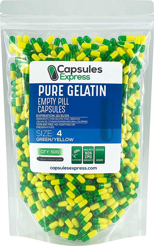 Capsules Express- Size 4 Green and Yellow Empty Gelatin Capsules - Kosher - Pure Gelatin Pill Capsule - DIY Powder Filling (500)