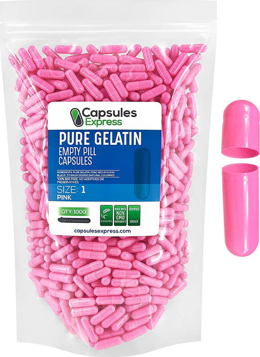 Capsules Express- Size 1 Pink Empty Gelatin Capsules - Kosher - Pure Gelatin Pill Capsule - DIY Powder Filling (1000)