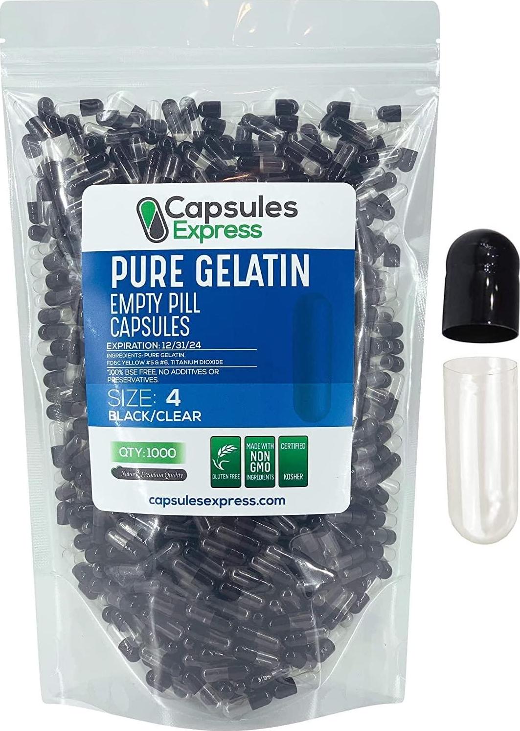 Capsules Express- Size 4 Black and Clear Empty Gelatin Capsules - Kosher - Pure Gelatin Pill Capsule - DIY Powder Filling (1000)