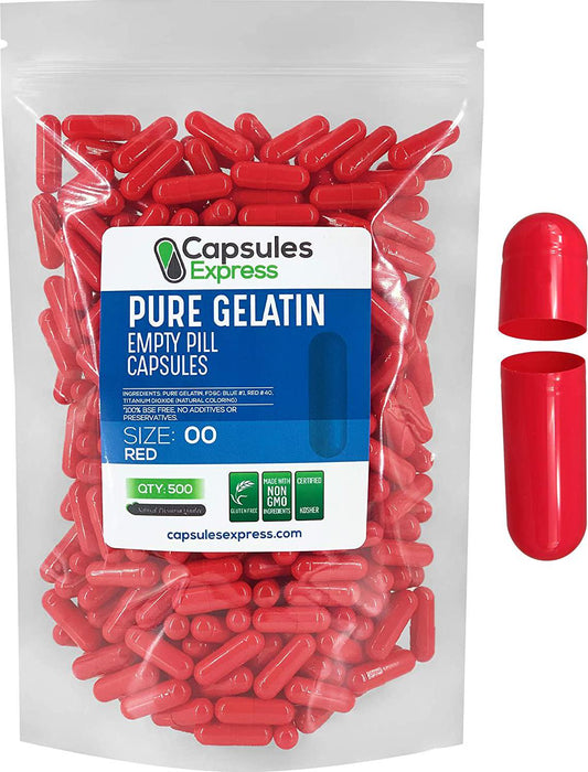 Capsules Express- Size 00 Red Empty Gelatin Capsules 500 Count - Kosher and Halal - Pure Gelatin Pill Capsule - DIY Powder Filling