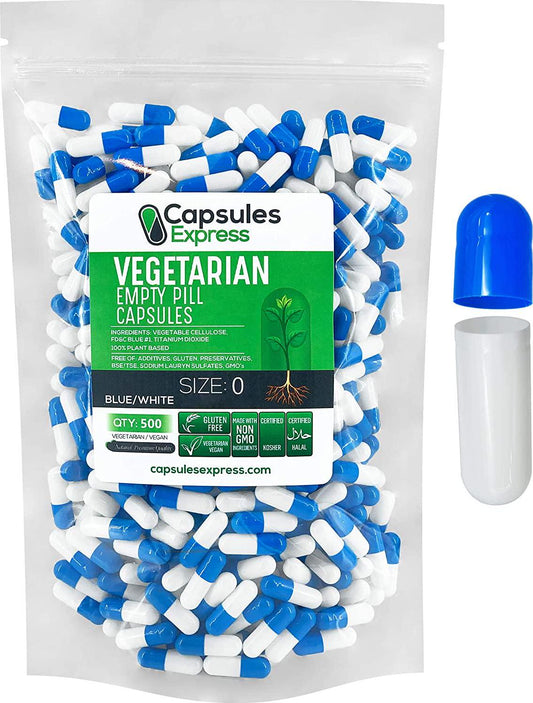 Capsules Express- Size 0 Blue and White Empty Vegan Capsules - Vegetarian/Vegetable Pill Capsule - DIY Powder Filling (500)