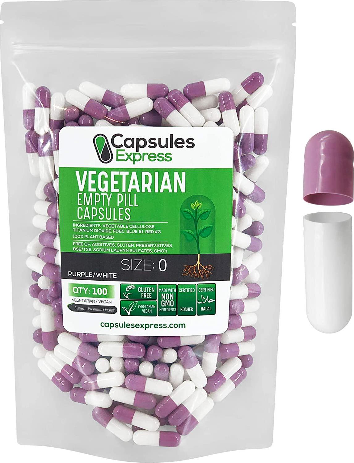 Capsules Express- Size 0 Purple and White Empty Vegan Capsules - Vegetarian/Vegetable Pill Capsule - DIY Powder Filling (500)