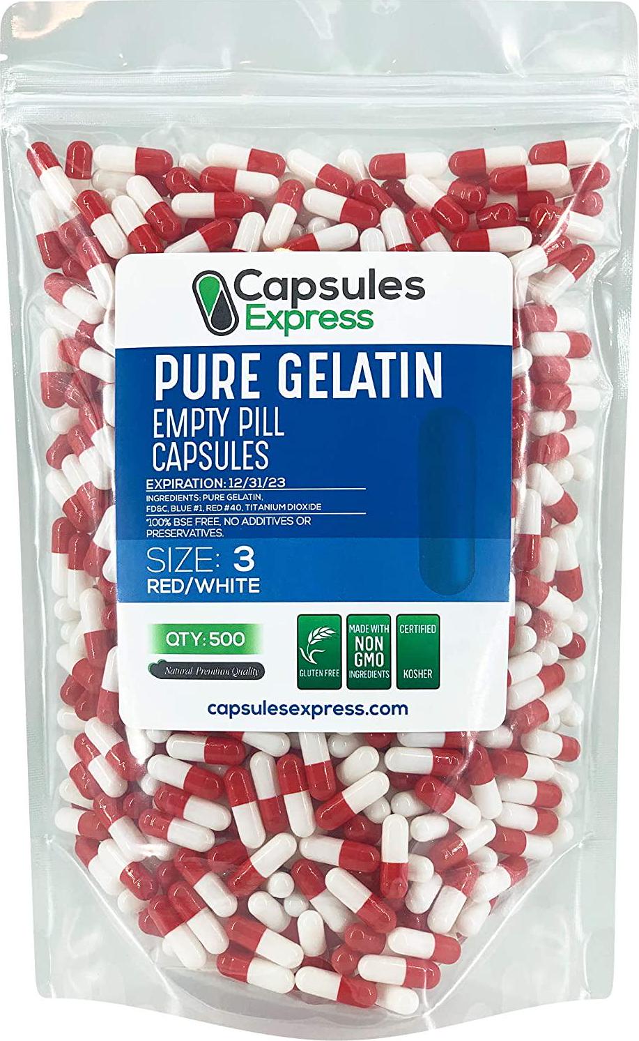 Capsules Express- Size 3 Red and White Empty Gelatin Capsules- Kosher - Pure Gelatin Pill Capsule - DIY Powder Filling (500)