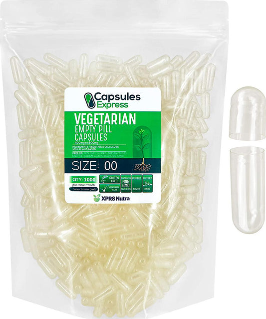 Capsules Express- Size 00 Clear Empty Vegan Capsules 1000 Count - Kosher and Halal - Vegetarian / Vegetable Pill Capsule - DIY Powder Filling