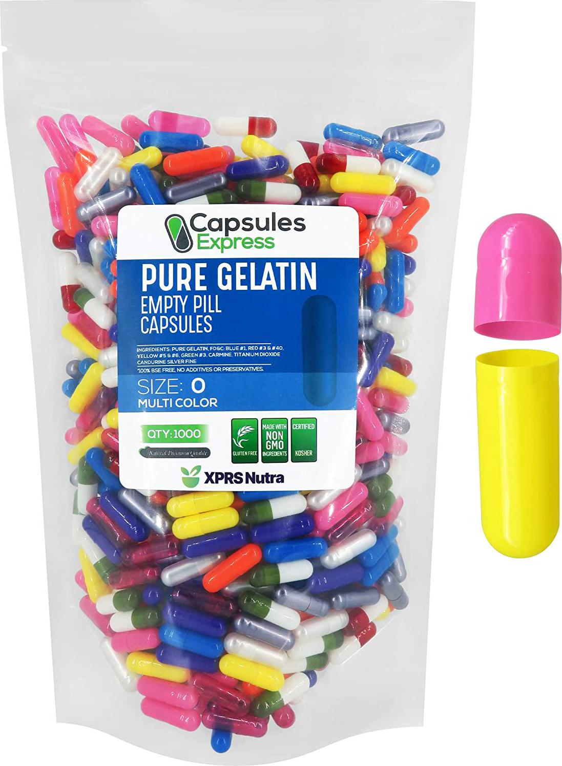 Capsules Express- Size 0 Multi Color Empty Gelatin Capsules - Kosher and Halal Certified - Gluten-Free Pure Bovine Gelatin Pill Capsule - DIY Powder Filling (1000)