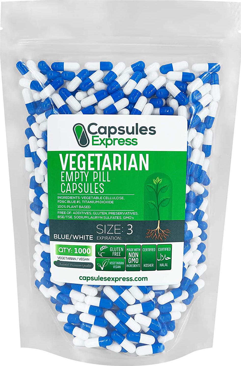 Capsules Express- Size 3 Blue and White Empty Vegan Capsules - Gluten-Free Vegetarian/Vegetable Pill Capsule - DIY Powder Filling (1000)