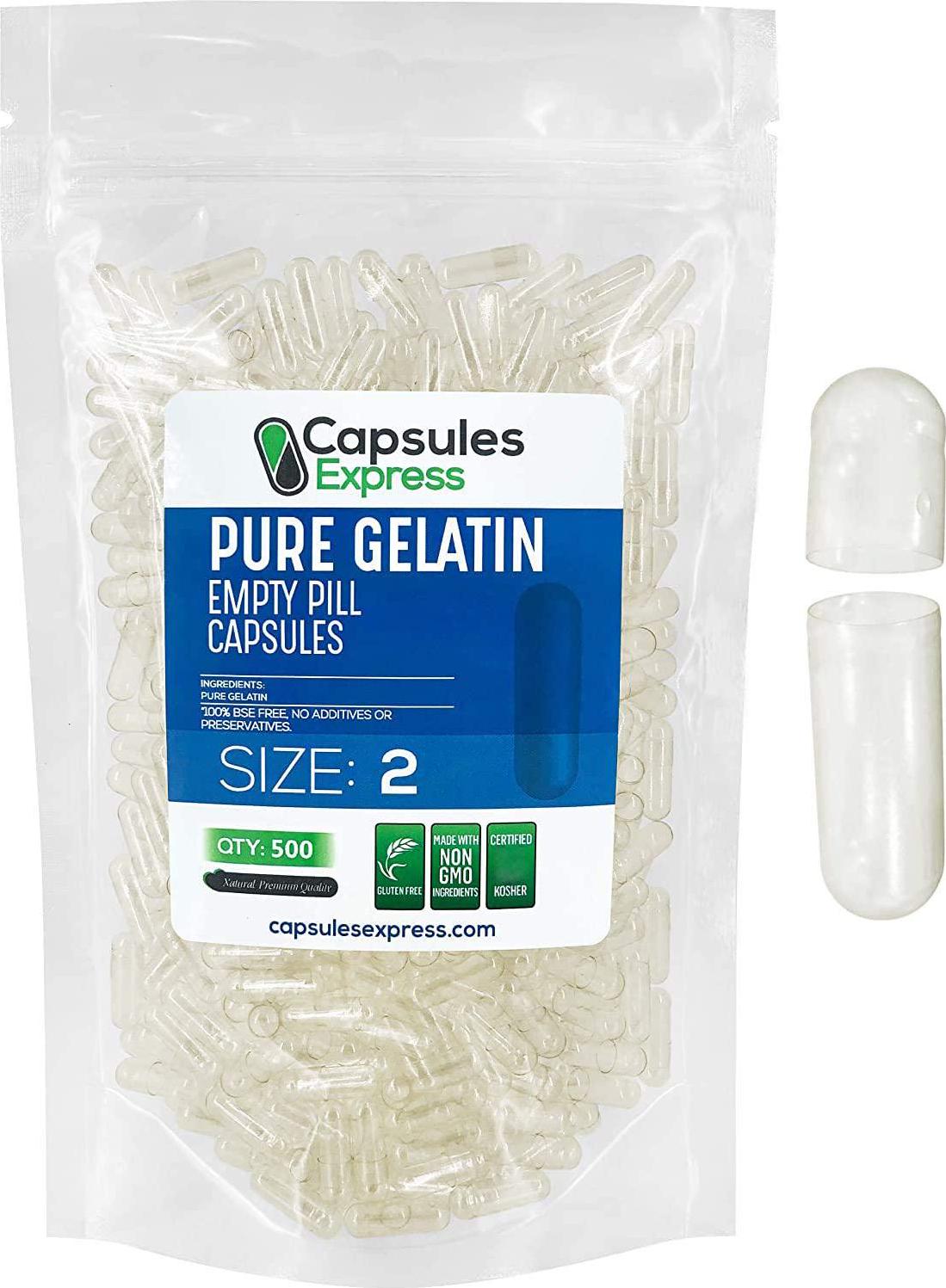 Capsules Express- Size 2 Clear Empty Gelatin Capsules- Kosher Certified - Gluten-Free Pure Bovine Gelatin Pill Capsule - DIY Powder Filling (500)