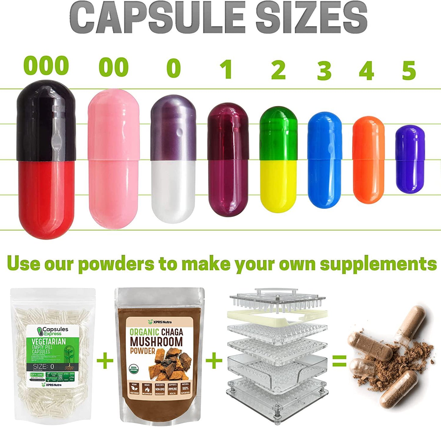 Capsules Express- Size Sample Pack Clear Empty Vegetable Capsules Ten Each of Sizes 000-4 Gluten-Free Vegetarian/Vegetable Pill Capsule - DIY Powder Filling