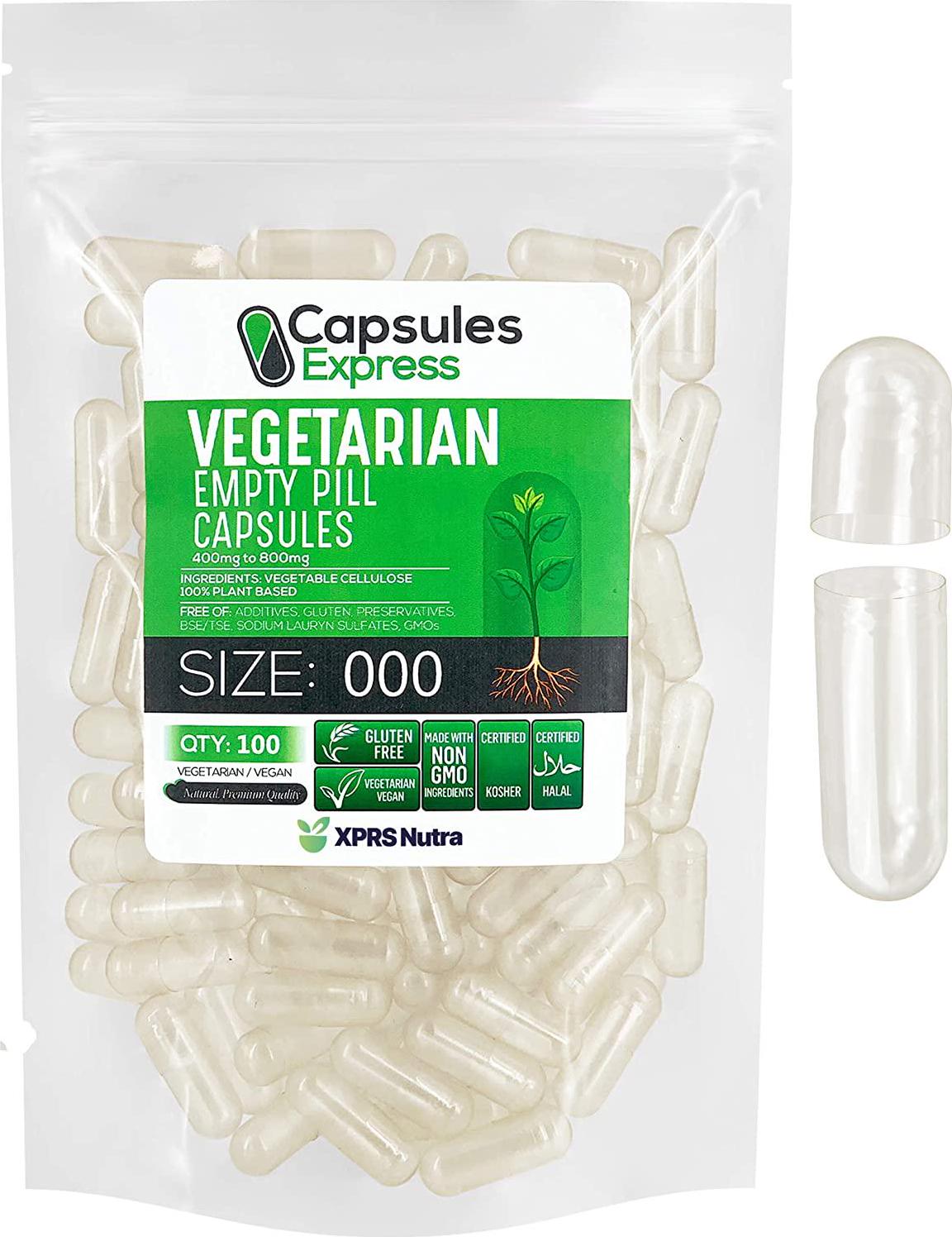 Capsules Express- Size 000 Clear Empty Vegan Capsules 100 Count - Kosher and Halal Vegetarian/Vegetable Pill Capsule - DIY Supplement Powder Filling