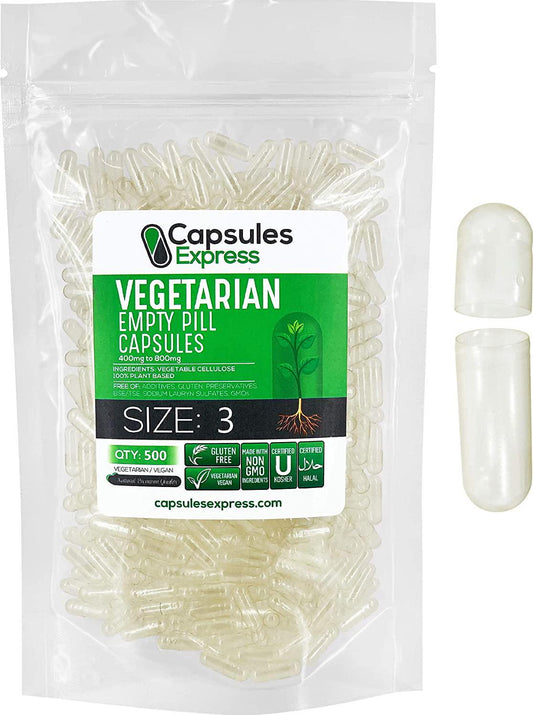 Capsules Express- Size 3 Clear Empty Vegan Capsules 500 Count - Kosher and Halal - Vegetarian/Vegetable Pill Capsule - DIY Powder Filling