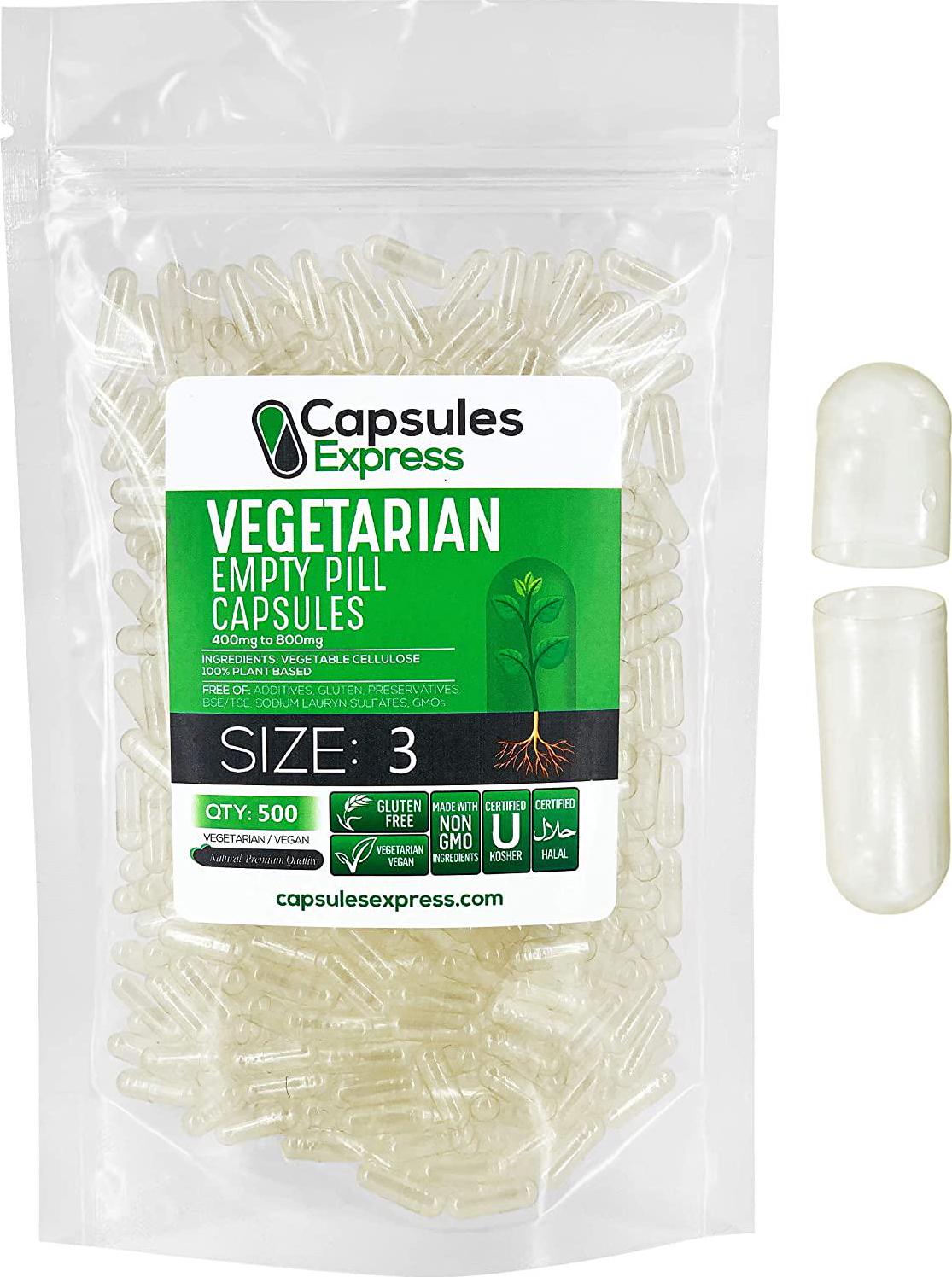 Capsules Express- Size 3 Clear Empty Vegan Capsules 500 Count - Kosher and Halal - Vegetarian/Vegetable Pill Capsule - DIY Powder Filling