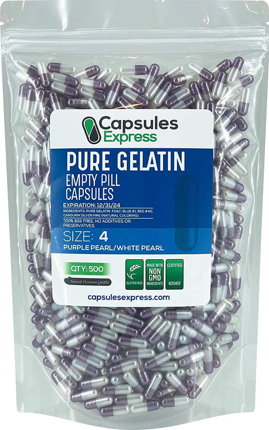 Capsules Express- Size 4 Purple Pearl and White Pearl Empty Gelatin Capsules - Kosher - Pure Gelatin Pill Capsule - DIY Powder Filling (500)