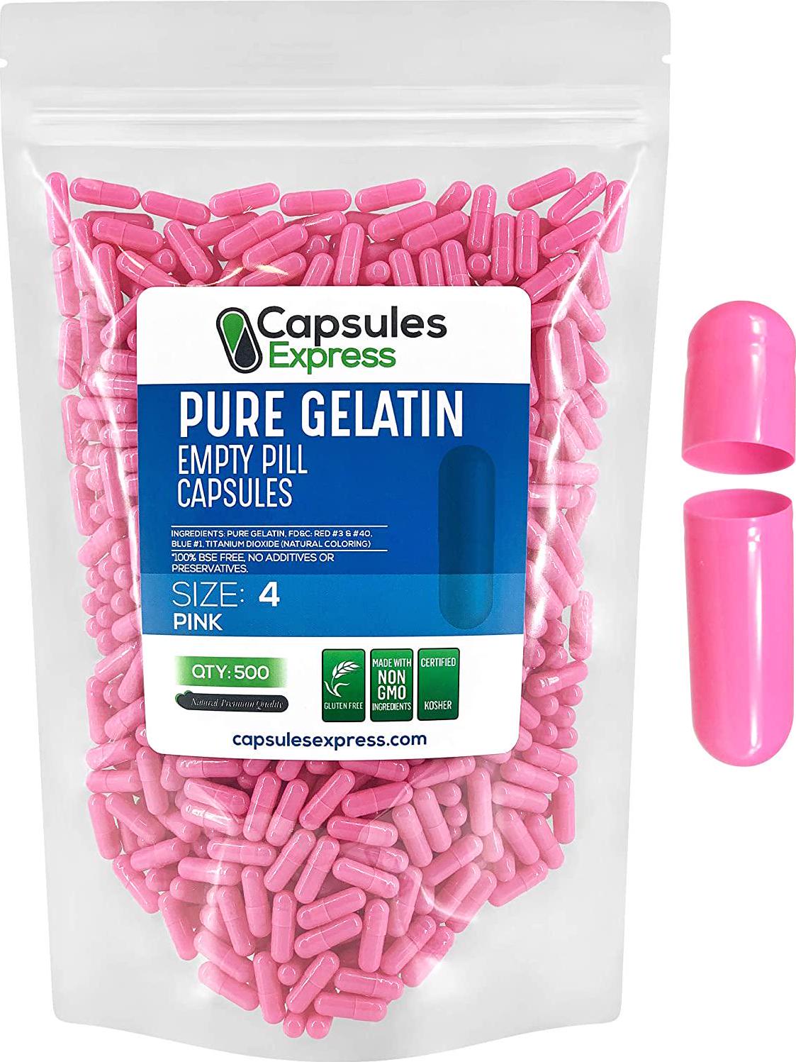Capsules Express- Size 4 Pink Empty Gelatin Capsules - Kosher - Pure Gelatin Pill Capsule - DIY Powder Filling (500)