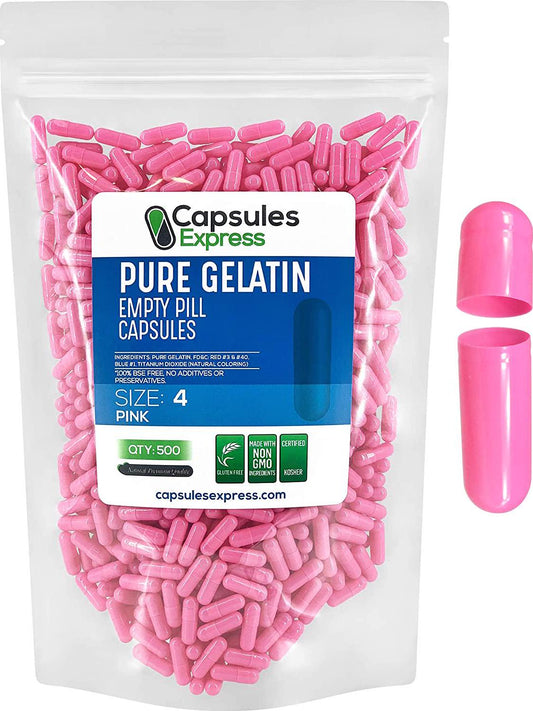 Capsules Express- Size 4 Pink Empty Gelatin Capsules - Kosher - Pure Gelatin Pill Capsule - DIY Powder Filling (500)