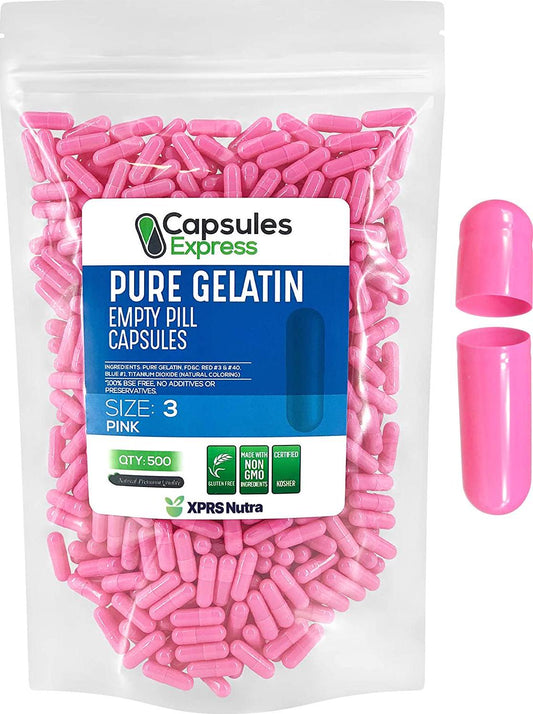 Capsules Express- Size 3 Pink Empty Gelatin Capsules- Kosher - Pure Gelatin Pill Capsule - DIY Powder Filling (500)