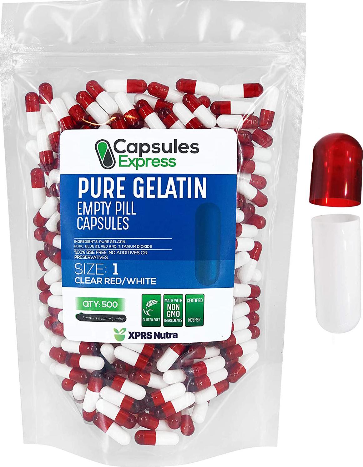 Capsules Express- Size 1 Clear Red and White Empty Gelatin Capsules - Kosher Certified - Gluten-Free Pure Bovine Gelatin Pill Capsule - DIY Powder Filling (500)