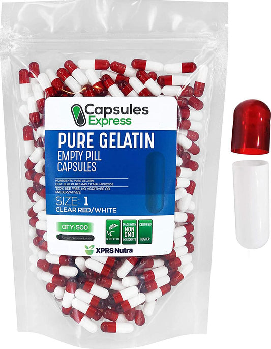 Capsules Express- Size 1 Clear Red and White Empty Gelatin Capsules - Kosher Certified - Gluten-Free Pure Bovine Gelatin Pill Capsule - DIY Powder Filling (500)