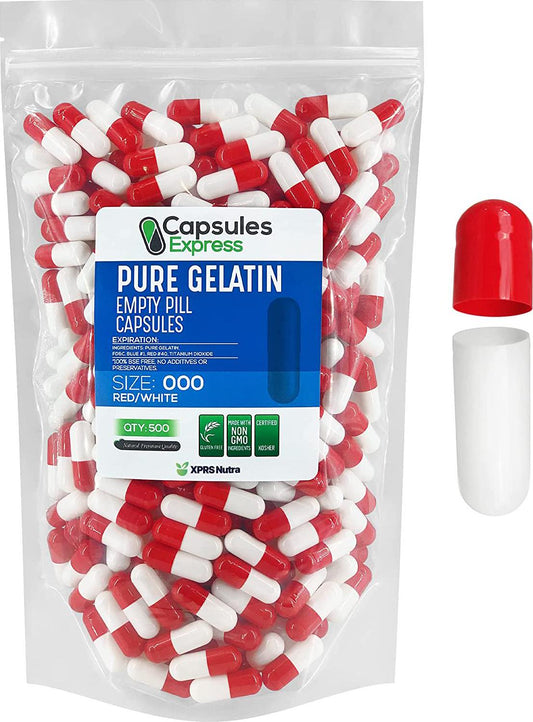 Capsules Express- Size 000 Red and White Empty Gelatin Capsules- Kosher - Pure Gelatin Pill Capsule - DIY Powder Filling (500)