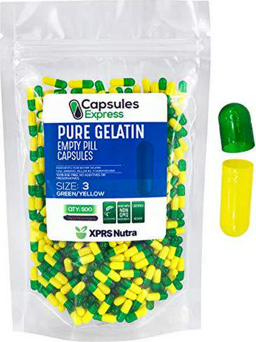Capsules Express- Size 3 Green and Yellow Empty Gelatin Capsules- Kosher Certified - Gluten-Free Pure Bovine Gelatin Pill Capsule - DIY Powder Filling (500)