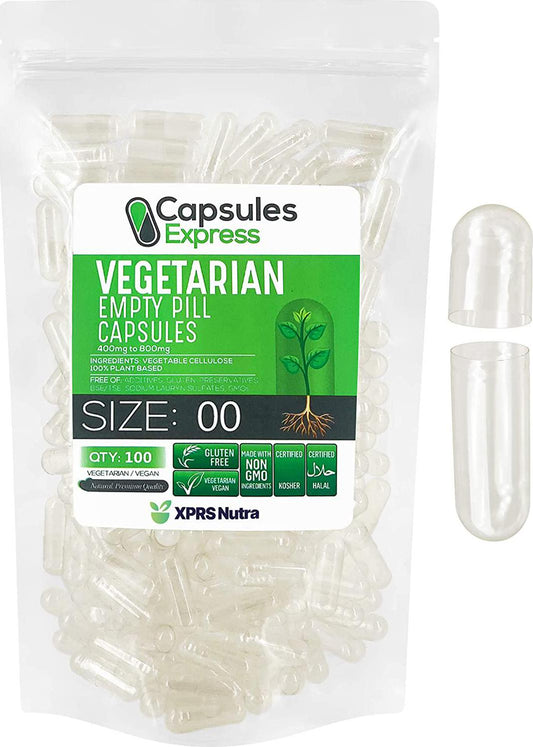 Capsules Express- Size 00 Clear Empty Vegan Capsules 100 Count - Kosher and Halal - Vegetarian/Vegetable Pill Capsule - DIY Powder Filling