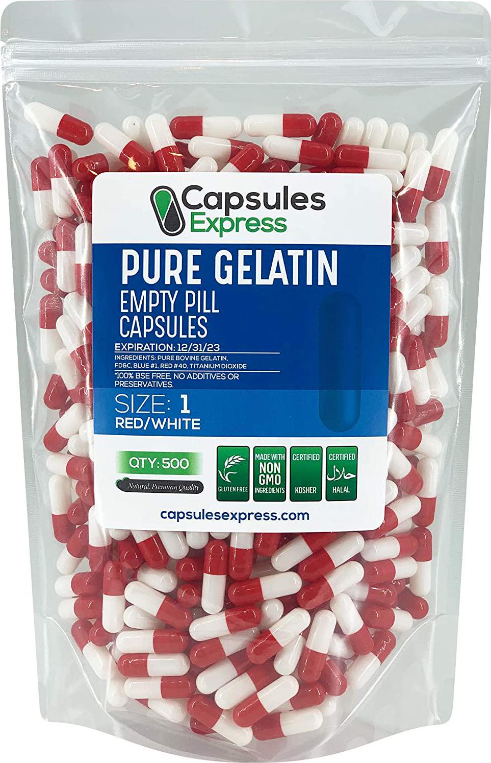 Capsules Express- Size 1 Bright Red and White Empty Gelatin Capsules - Kosher Certified - Gluten-Free Pure Bovine Gelatin Pill Capsule - DIY Powder Filling (500)