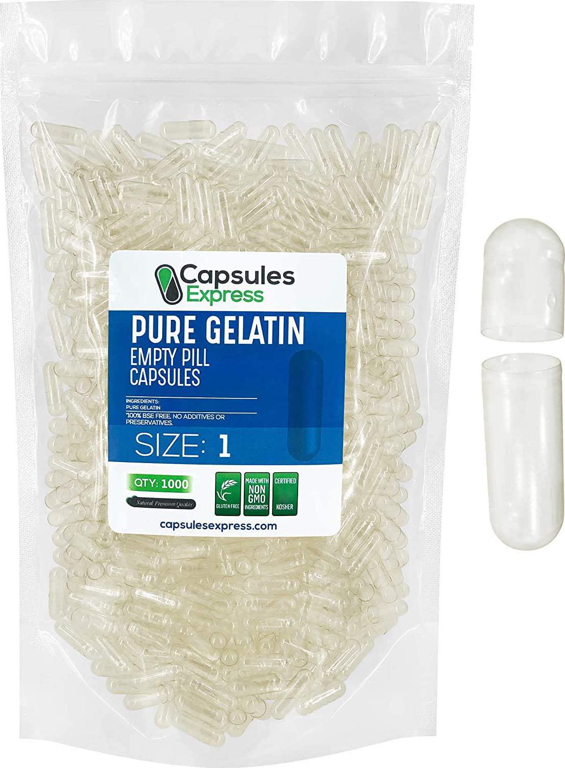 Capsules Express- Size 1 Clear Empty Gelatin Capsules 1000 Count - Kosher and Halal - Pure Gelatin Pill Capsule - DIY Powder Filling