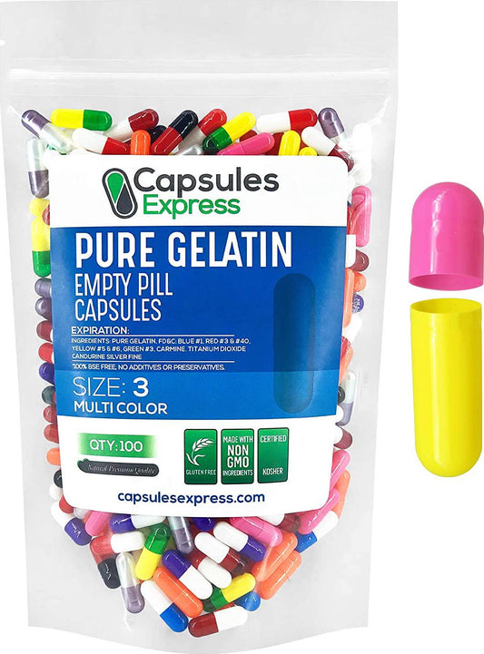 Capsules Express- Size 3 Multi-Colored Empty Gelatin Capsules- Kosher - Pure Gelatin Pill Capsule - DIY Powder Filling (100)