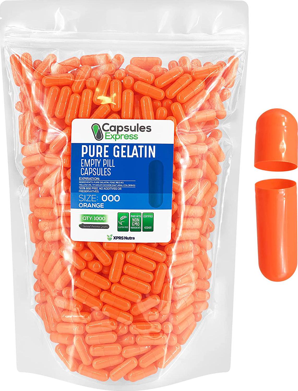 Capsules Express- Size 000 Orange Empty Gelatin Capsules - Kosher - Pure Gelatin Pill Capsule - DIY Powder Filling (1000)