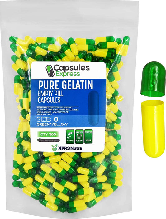 Capsules Express- Size 0 Green and Yellow Empty Gelatin Capsules - Kosher Pure Gelatin Pill Capsule - DIY Powder Filling (500)