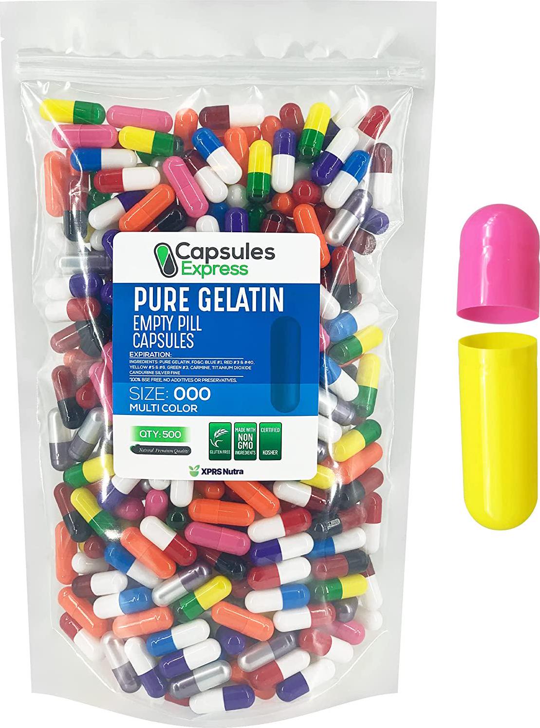 Capsules Express- Size 000 Multi-Colored Empty Gelatin Capsules - Kosher - Pure Gelatin Pill Capsule - DIY Powder Filling (500)