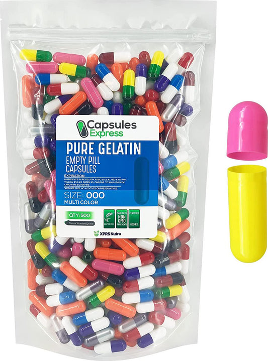 Capsules Express- Size 000 Multi-Colored Empty Gelatin Capsules - Kosher - Pure Gelatin Pill Capsule - DIY Powder Filling (500)