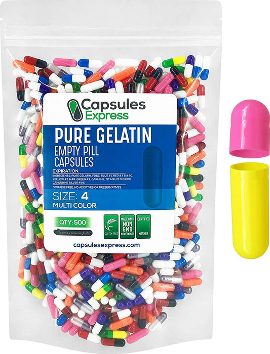 Capsules Express- Size 4 Multi-Colored Empty Gelatin Capsules - Kosher - Pure Gelatin Pill Capsule - DIY Powder Filling (500)