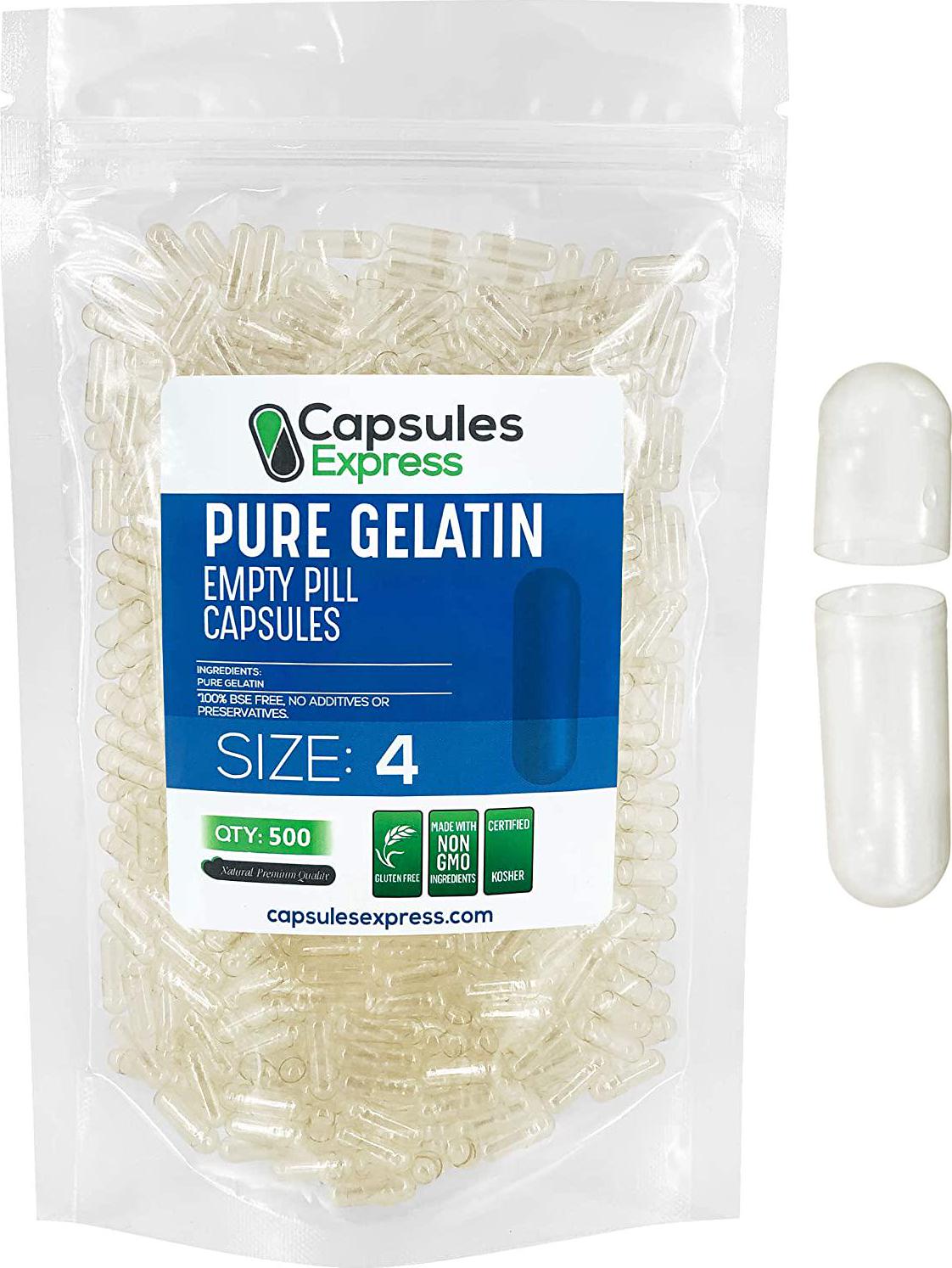 Capsules Express- Size 4 Clear Empty Gelatin Capsules 500 Count - Kosher and Halal Certified - Gluten-Free Pure Bovine Gelatin Pill Capsule - DIY Powder Filling