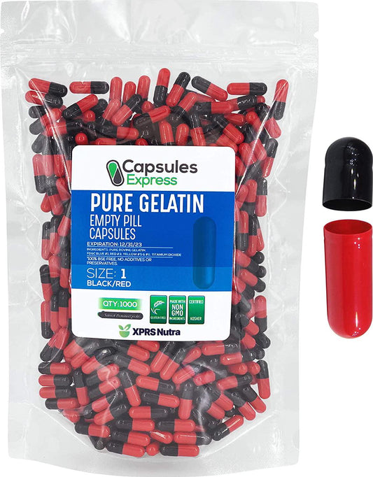 Capsules Express- Size 1 Black and Red Empty Gelatin Capsules- Kosher Certified - Gluten-Free Pure Bovine Gelatin Pill Capsule - DIY Powder Filling (1000)