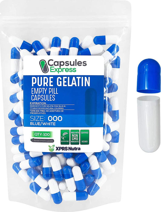 Capsules Express- Size 000 Blue and White Empty Gelatin Capsules - Kosher - Pure Gelatin Pill Capsule - DIY Powder Filling (100)