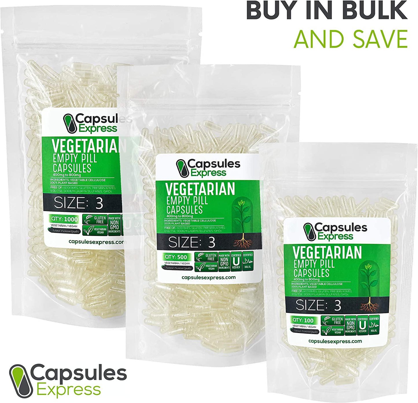 Capsules Express- Size 3 Clear Empty Vegan Capsules 500 Count - Kosher and Halal - Vegetarian/Vegetable Pill Capsule - DIY Powder Filling