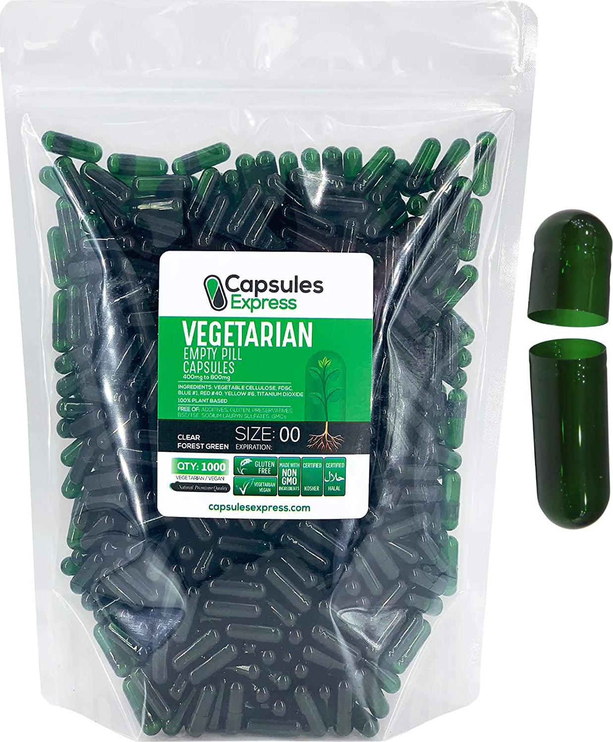 Capsules Express- Size 00 Forest Green Empty Vegan Capsules - Gluten-Free Vegetarian/Vegetable Pill Capsule - DIY Powder Filling (1000)